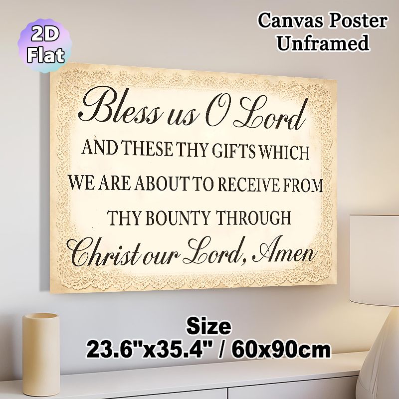 Christian Prayer Themed Painting Poster, Vintage Lace Border Elegant Typography Poster, Classic Mealtime Prayer Text For Dining Room & Kitchen Wall_maomaolike.com