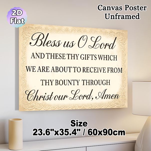 Christian Prayer Themed Painting Poster, Vintage Lace Border Elegant Typography Poster, Classic Mealtime Prayer Text For Dining Room & Kitchen Wall_maomaolike.com