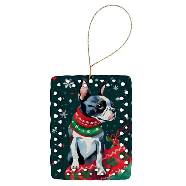 Boston Terrier Christmas Porcelain Ornament Christmas Tree Hanging Decorations For Home Christmas Holiday, Rectangle, Gift, Multicolor_maomaolike.com