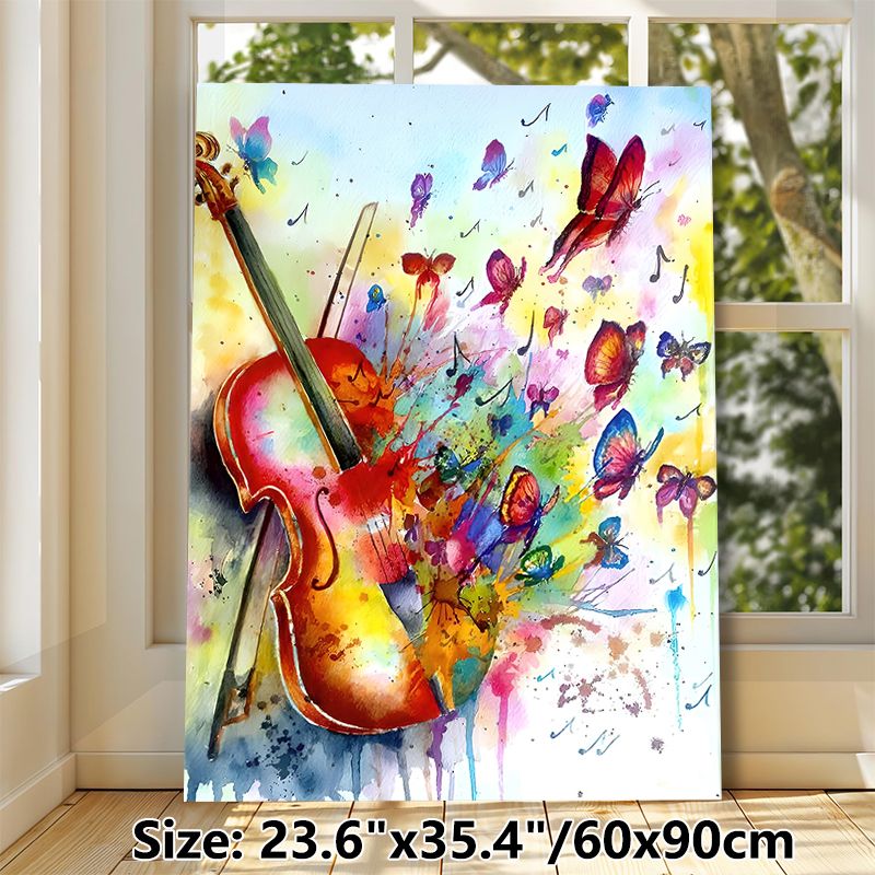 Violin & Butterfly Themed Painting Poster, Vibrant Watercolor Art Poster, Artistic Design With Colorful Violin, Flying Butterflies And Musical Notes_maomaolike.com