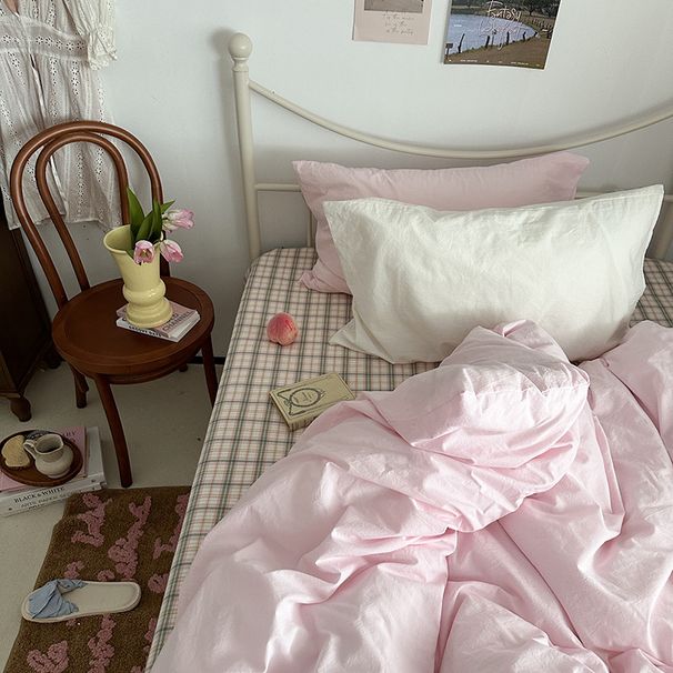 Wholesale INS Japanese Style Mixed Pink Plaid Pure Four-Piece All-Cotton Simple Washed Cotton Solid Color 4-Piece Set_maomaolike.com