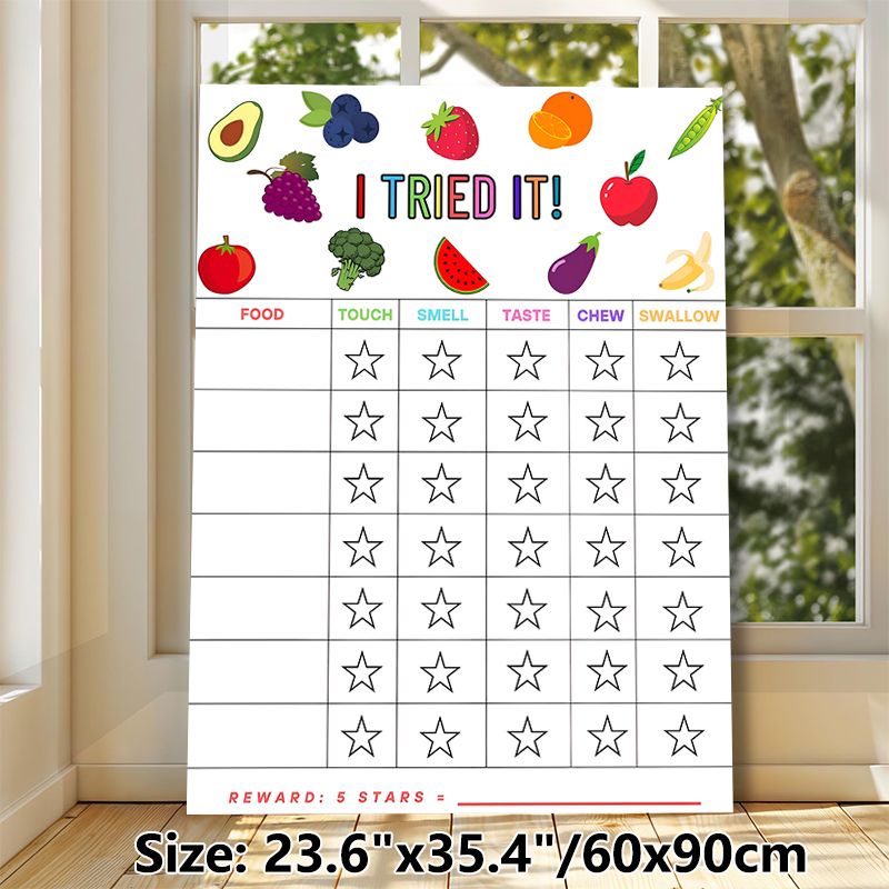 Food Try Reward Chart Painting Poster, Vibrant Fruit & Vegetable Themed Poster, Practical Tool To Track Food Exploration Progress For Home Kitchen_maomaolike.com