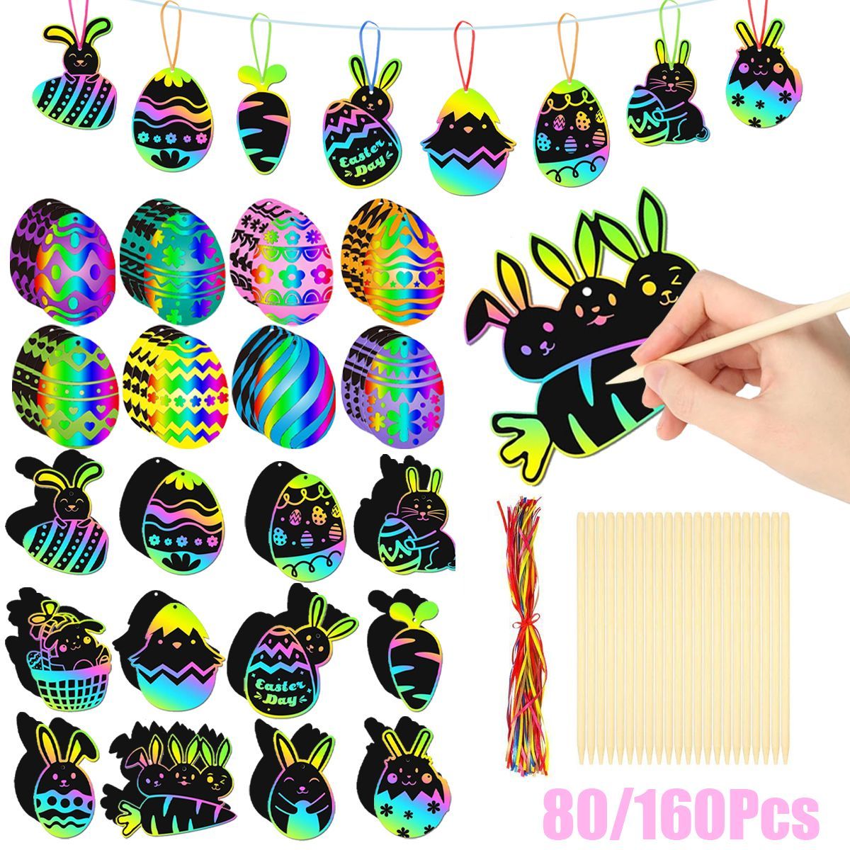 80 Sheets Easter Scratch Card Paper, With Colored Rope And Bamboo Pen, Colorful Scratch-off Painting, Rabbit And Carrot, Gift Packaging Tag, Suitable For Easter Party_maomaolike.com