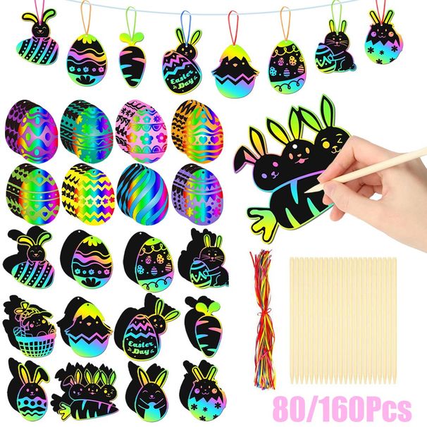 80 Sheets Easter Scratch Card Paper, With Colored Rope And Bamboo Pen, Colorful Scratch-off Painting, Rabbit And Carrot, Gift Packaging Tag, Suitable For Easter Party_maomaolike.com