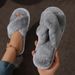 Women’s Cross Band Fur Slippers Indoor Furry Fuzzy Open Toe Shoes Home Cozy Warm Slides Double Straps Slipper Soft Sole_maomaolike.com