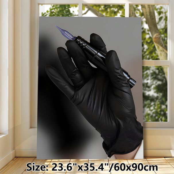 Tattoo Machine Themed Painting Poster, Moody Dark-toned Gloved Hand Holding Tattoo Tool Poster, Stylish Artistic Decor Ideal For Tattoo Studio And_maomaolike.com