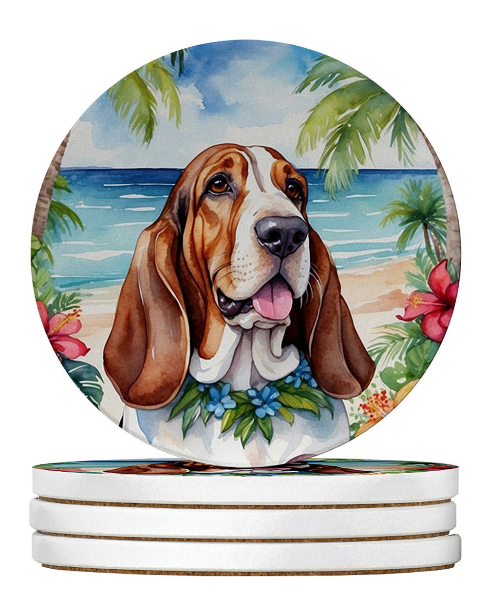 Basset Hound Luau Large Sandstone Coasters Pack Of 4 Absorbent Round Coasters Decor Gifts For Men Or Women, 4 In, Multicolor_maomaolike.com