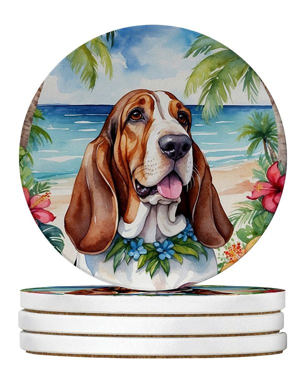 Basset Hound Luau Large Sandstone Coasters Pack Of 4 Absorbent Round Coasters Decor Gifts For Men Or Women, 4 In, Multicolor_maomaolike.com