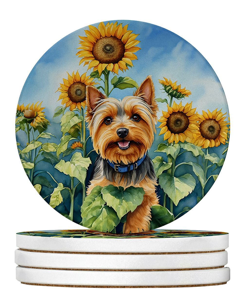 Silky Terrier In Sunflowers Large Sandstone Coasters Pack Of 4 Absorbent Round Coasters Decor Gifts For Men Or Women, 4 In, Multicolor_maomaolike.com