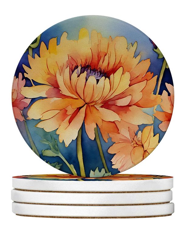 Chrysanthemums In Watercolor Large Sandstone Coasters Pack Of 4 Absorbent Round Coasters Decor Gifts For Men Or Women, 4 In, Multicolor_maomaolike.com