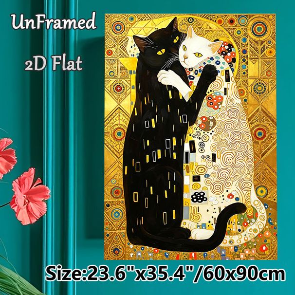 Embracing Black & White Cats Painting Poster, Gilded Ornate Art Style Poster, Vibrant Decorative Artwork Ideal For Living Room, Bedroom Wall Decor_maomaolike.com
