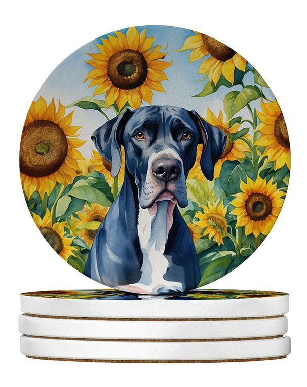 Great Dane In Sunflowers Large Sandstone Coasters Pack Of 4 Absorbent Round Coasters Decor Gifts For Men Or Women, 4 In, Multicolor_maomaolike.com