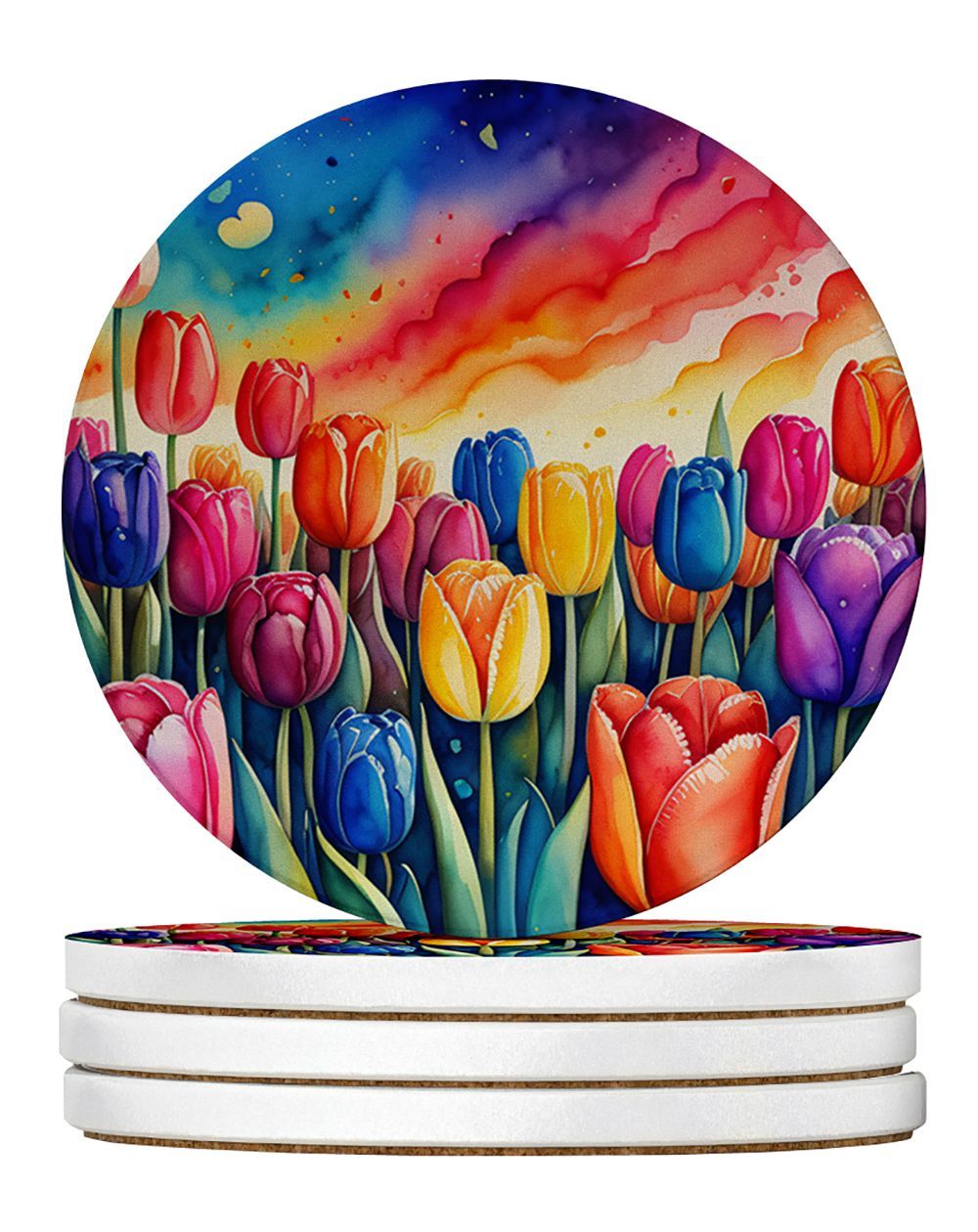 Colorful Tulips Large Sandstone Coasters Pack Of 4 Absorbent Round Coasters Decor Gifts For Men Or Women, 4 In, Multicolor_maomaolike.com