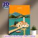Corfu Coastal Village Painting Poster, Vibrant Retro Mediterranean Scenic Poster, Eye-catching Coastal Church & Boat Artwork Ideal For Living Room_maomaolike.com