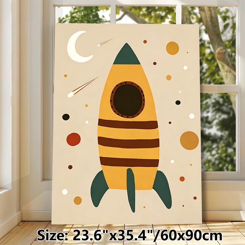 Space Rocket Painting Poster, Vintage Minimalist Warm-toned Rocket With Moon, Shooting Stars & Planets Poster, Whimsical Space-themed Decor, Ideal For_maomaolike.com