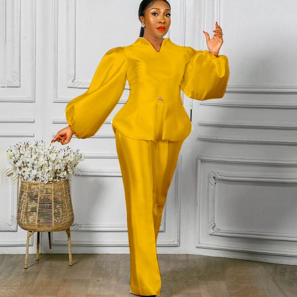 Women's Clothing solid color puff sleeve top wide leg trousers two piece suit women's fashion suit_maomaolike.com