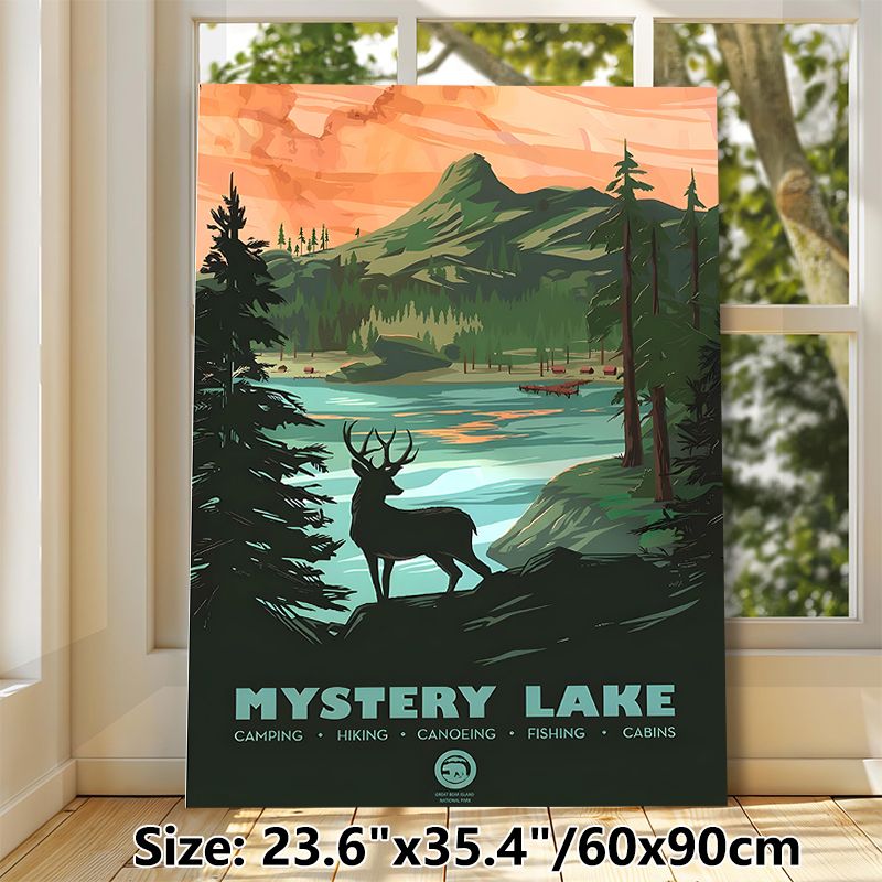 Mystery Lake Outdoor Landscape Painting Poster, Vibrant Retro-style Scenic Lake & Mountain With Deer Silhouette Poster, Rustic Natural Touch Ideal For_maomaolike.com