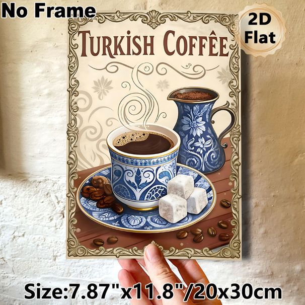 Turkish Coffee Painting Poster, Vintage Ornate Framed Poster, Showcasing Decorated Coffee Cup, Pot, Beans And Delight, Brings Warm Nostalgic Vibe_maomaolike.com