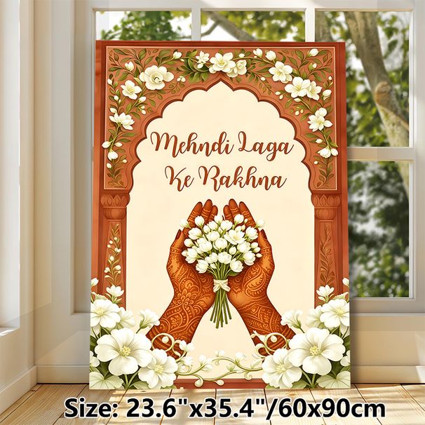 Mehndi Themed Painting Poster, Exquisite Traditional Indian Style Poster, Henna-decorated Hands Holding Jasmine Blooms With Ornate Arched Floral_maomaolike.com