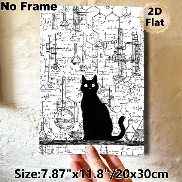 Black Cat & Chemistry Lab Painting Poster, Monochrome Sketch-style Poster, Artistic Design With Lab Glassware And Chemical Formulas, Ideal For Home_maomaolike.com