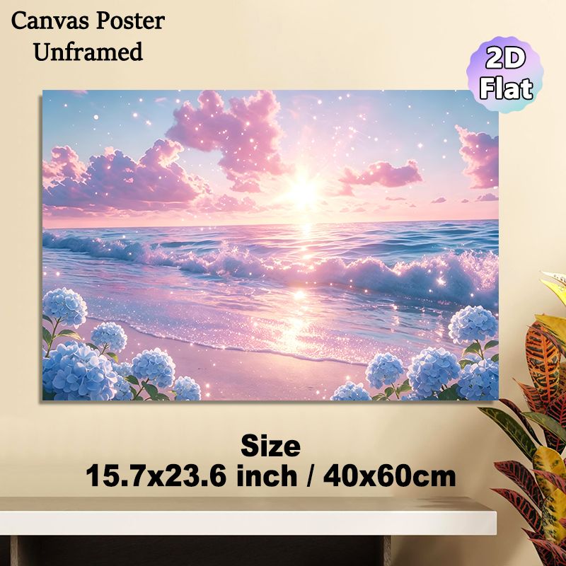 Pastel Coastal Sunset With Hydrangeas Painting Poster, Dreamy Glittery Seaside Scene Poster, Soft Calming Visual Ideal For Bedroom And Living Room_maomaolike.com