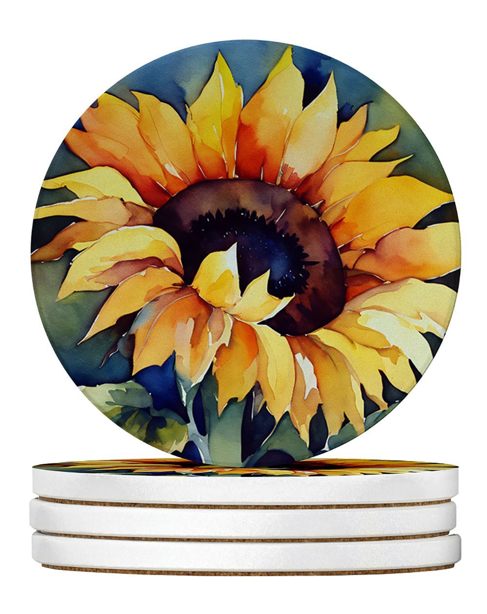 Sunflowers In Watercolor Large Sandstone Coasters Pack Of 4 Absorbent Round Coasters Decor Gifts For Men Or Women, 4 In, Multicolor_maomaolike.com