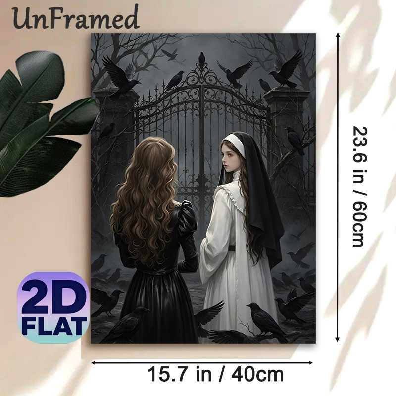 Gothic Dark Fantasy Painting Poster, Mysterious Moody Gothic-style Poster, Featuring Two Women With Crows By Ornate Iron Gate, Atmospheric Dark Decor_maomaolike.com