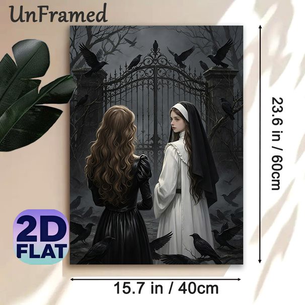 Gothic Dark Fantasy Painting Poster, Mysterious Moody Gothic-style Poster, Featuring Two Women With Crows By Ornate Iron Gate, Atmospheric Dark Decor_maomaolike.com