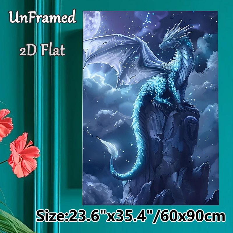 Moonlit Ice Dragon Painting Poster, Mystical Glowing Icy Dragon Perched On Rocky Peak Under Full Moon Poster, Captivating Fantasy Decor Ideal For_maomaolike.com