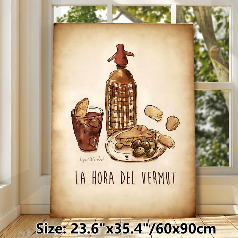 Vermouth Hour Themed Painting Poster, Vintage Hand-drawn Vermouth Bottle, Drink & Snacks Scene Poster, Warm Retro Decor Ideal For Dining Room And_maomaolike.com