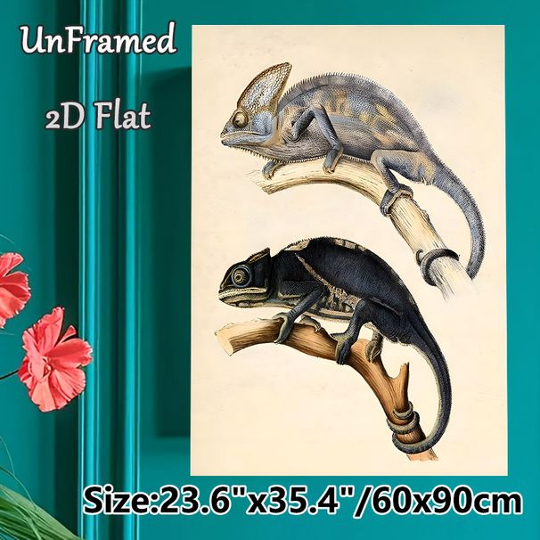 Chameleon Themed Painting Poster, Vintage Scientific Illustration Poster, Detailed Depiction Of Chameleons Perched On Branches, Ideal For Home, Study_maomaolike.com