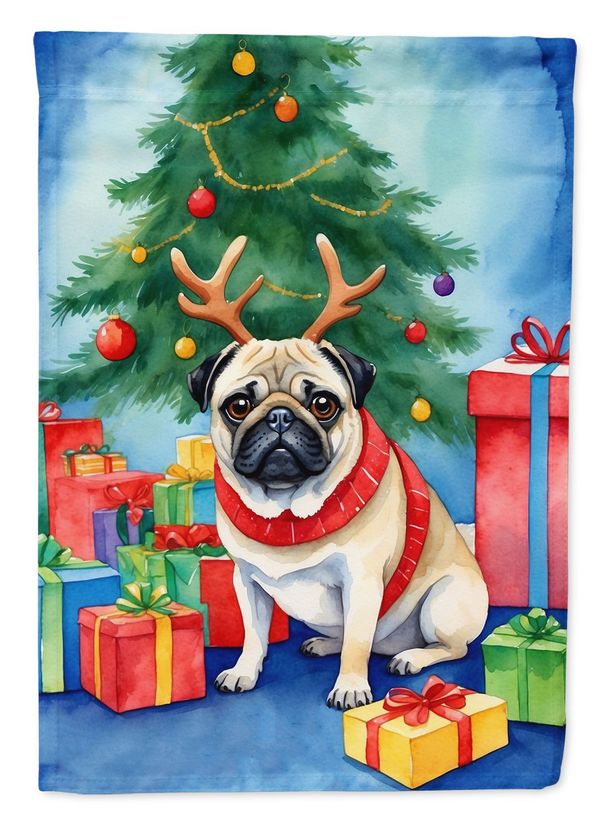 Pug Christmas Reindeer House Flag Large Porch Sleeve Pole Decorative Outside Yard Banner Artwork Wall Hanging, Polyester, House Size, Multicolor_maomaolike.com