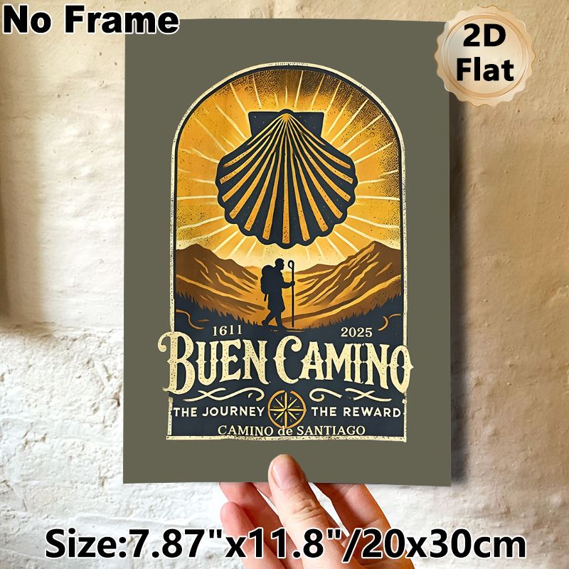 Camino De Santiago Themed Painting Poster, Vintage Retro Hiker & Scallop Mountain Scene Poster, Inspirational Journey-focused Decor Ideal For Home_maomaolike.com