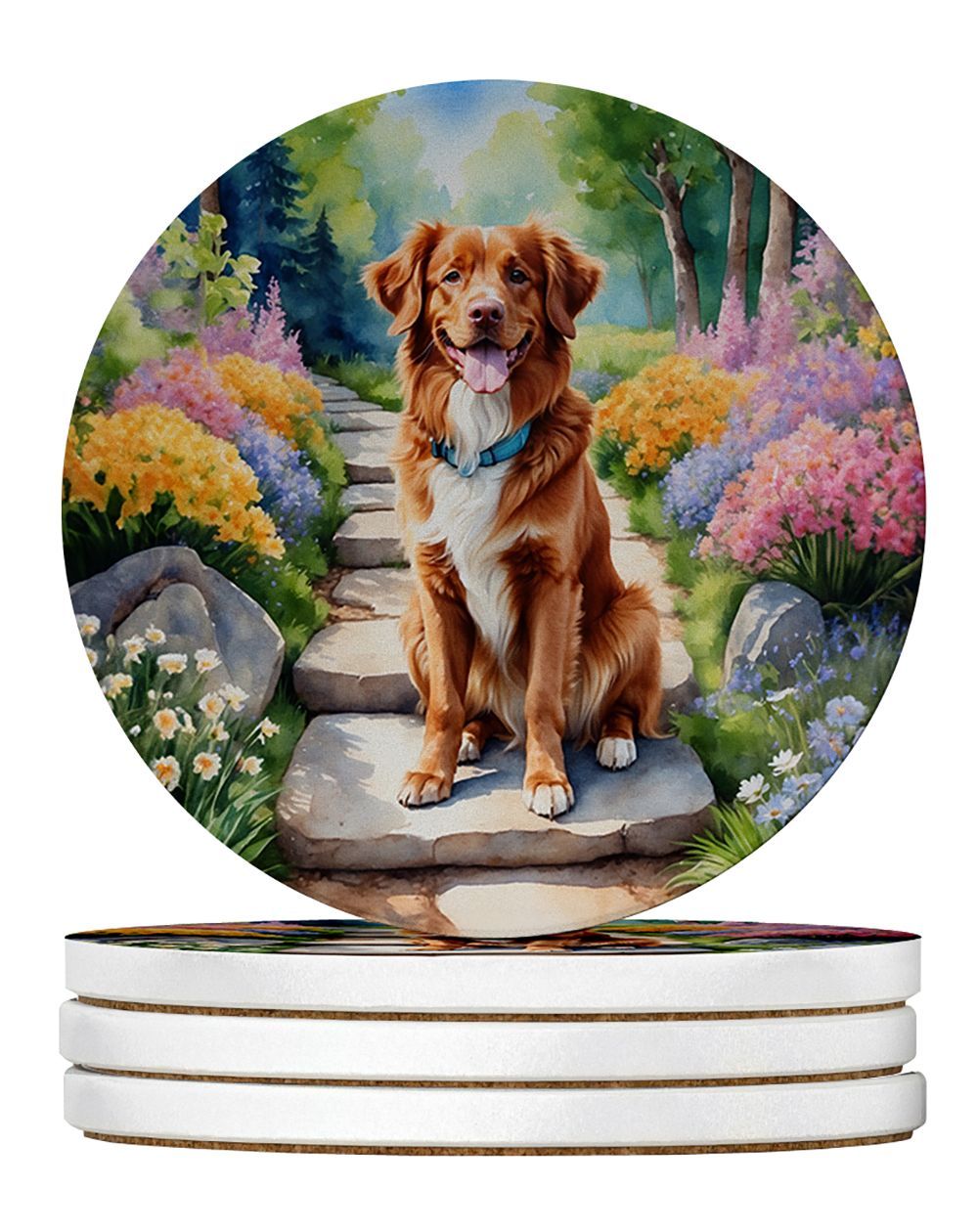 Nova Scotia Duck Tolling Retriever Spring Path Large Sandstone Coasters Pack Of 4 Absorbent Round Coasters Decor Gifts For Men Or Women, 4 In, Multicolor_maomaolike.com