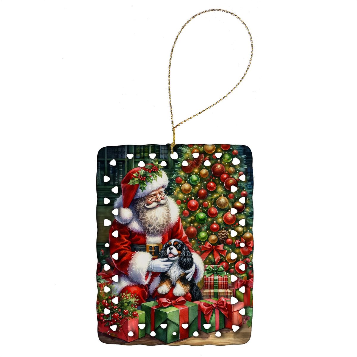Cavalier Spaniel And Santa Claus Porcelain Ornament Christmas Tree Hanging Decorations For Home Christmas Holiday, Rectangle, Gift, Multicolor_maomaolike.com