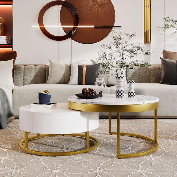 Modern Round Nesting Coffee Table With Drawers In White_maomaolike.com