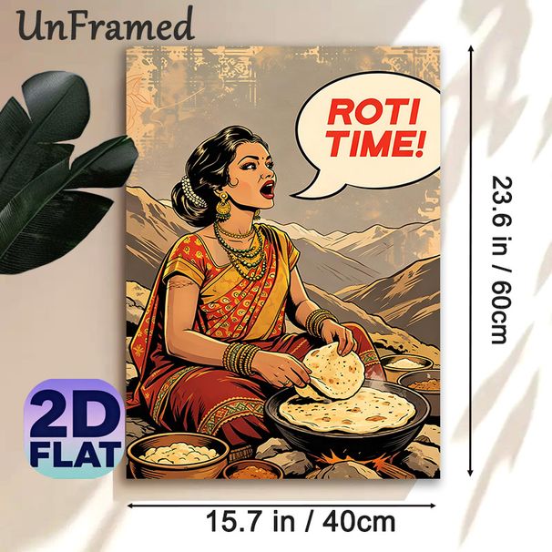 Roti Time Themed Painting Poster, Vibrant Vintage Comic Style Poster, Warm Cultural Indian Dining Scene, Ideal For Kitchen And Dining Area Decor_maomaolike.com