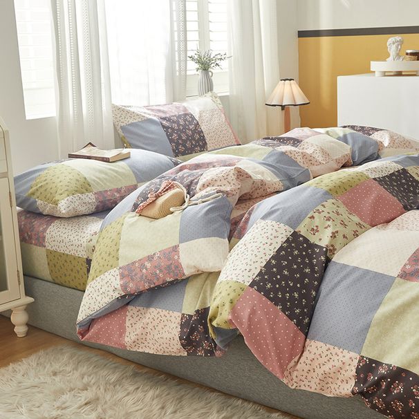 Wholesale INS Fresh Korean Retro Style All-Cotton 4-Piece Plaid Floral Homestay Apartment Pure Cotton Four-Piece Set_maomaolike.com
