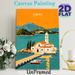 Corfu Coastal Village Painting Poster, Vibrant Retro Mediterranean Scenic Poster, Eye-catching Coastal Church & Boat Artwork Ideal For Living Room_maomaolike.com