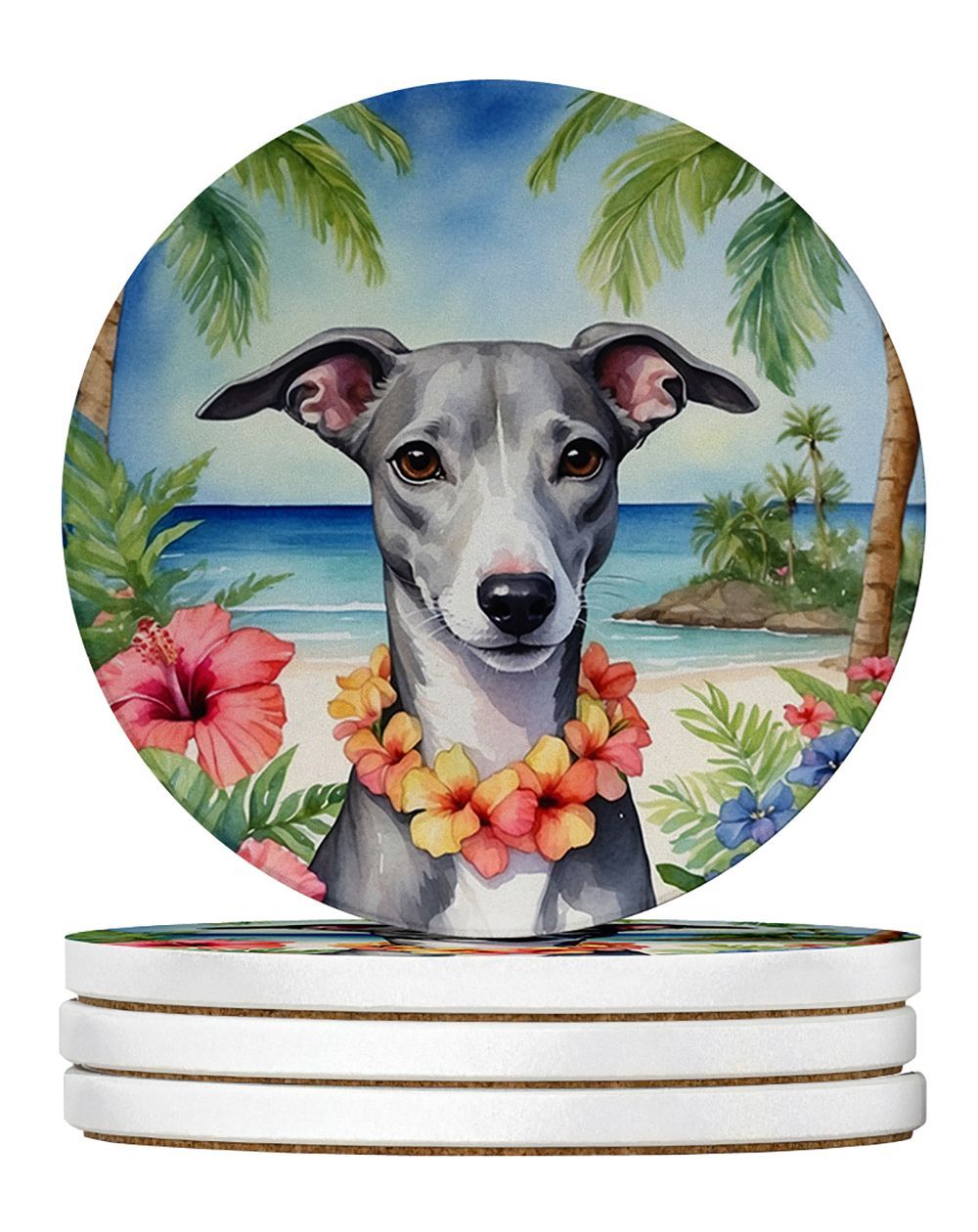 Whippet Luau Large Sandstone Coasters Pack Of 4 Absorbent Round Coasters Decor Gifts For Men Or Women, 4 In, Multicolor_maomaolike.com