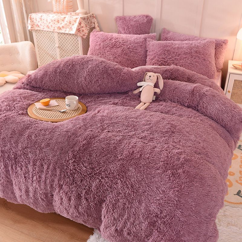Solid Color Mink Four-Piece Thickened Crystal Velvet Winter Set Fleece-Lined Warm Bedding One-Piece_maomaolike.com