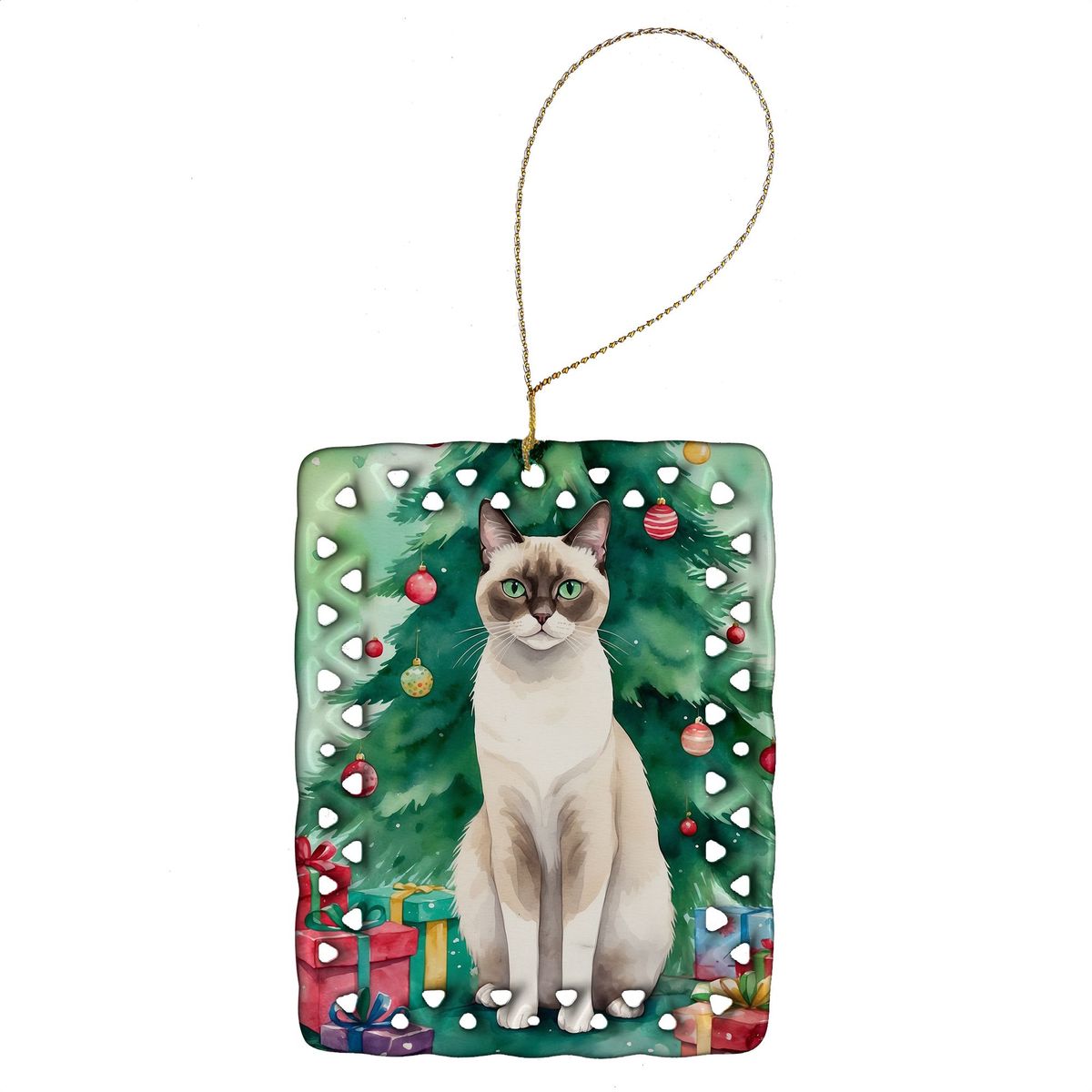 Snowshoe Cat By The Christmas Tree Porcelain Ornament Christmas Tree Hanging Decorations For Home Christmas Holiday, Rectangle, Gift, Multicolor_maomaolike.com
