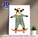 Skateboarding Cow Painting Poster, Cute Cartoon Style Poster, Whimsical Design Featuring Cow In Striped Overalls With Sunglasses On Skateboard, Ideal_maomaolike.com