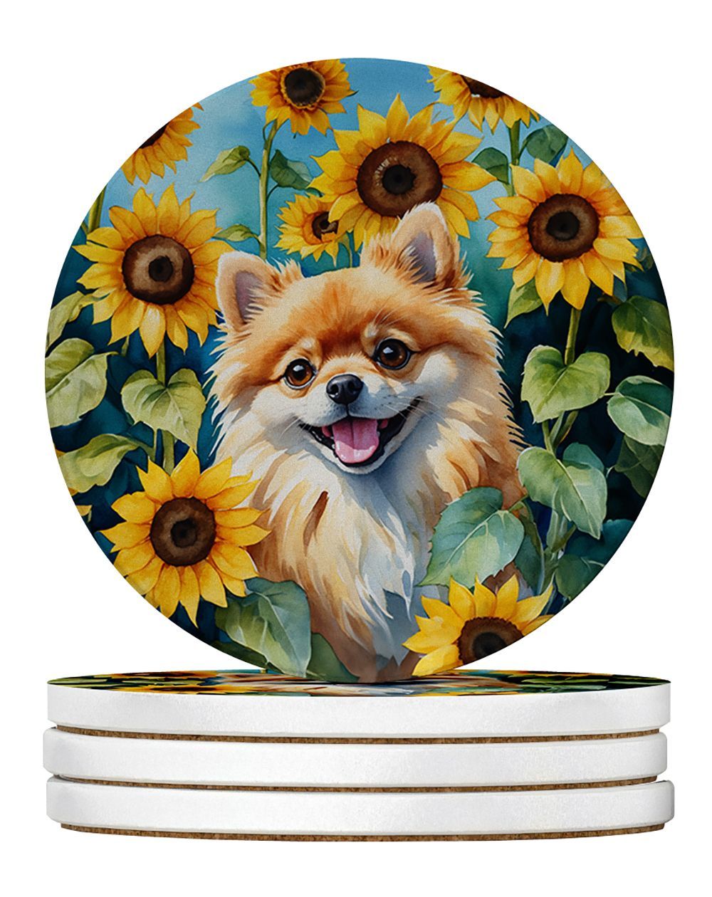 Pomeranian In Sunflowers Large Sandstone Coasters Pack Of 4 Absorbent Round Coasters Decor Gifts For Men Or Women, 4 In, Multicolor_maomaolike.com