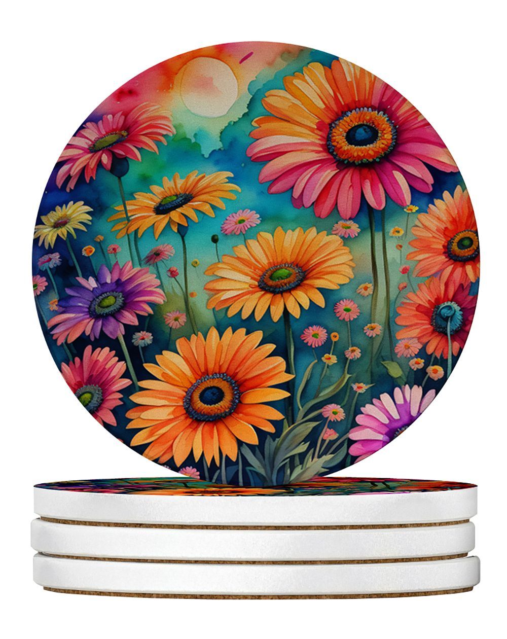 Colorful Gerbera Daisies Large Sandstone Coasters Pack Of 4 Absorbent Round Coasters Decor Gifts For Men Or Women, 4 In, Multicolor_maomaolike.com