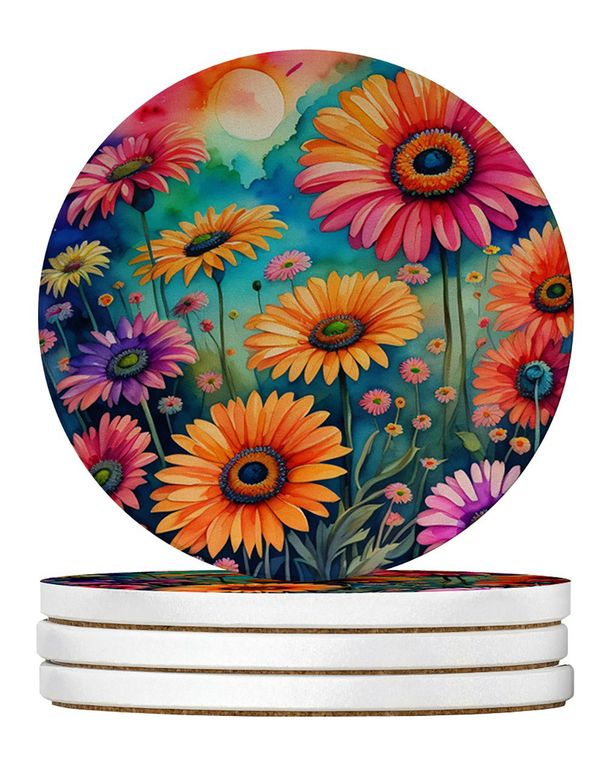 Colorful Gerbera Daisies Large Sandstone Coasters Pack Of 4 Absorbent Round Coasters Decor Gifts For Men Or Women, 4 In, Multicolor_maomaolike.com