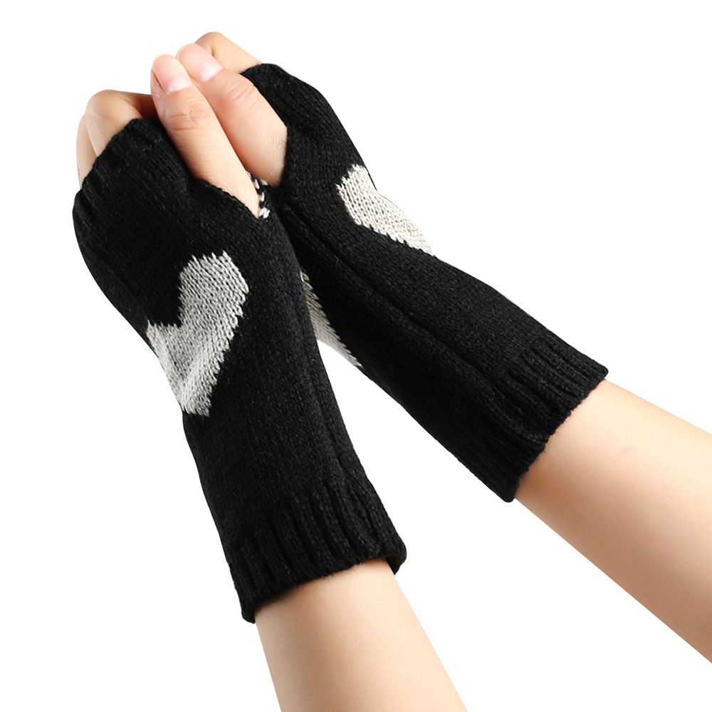 Unisex Short half finger knitted gloves Student office typing heart cuff wool warm love fingerless gloves_maomaolike.com