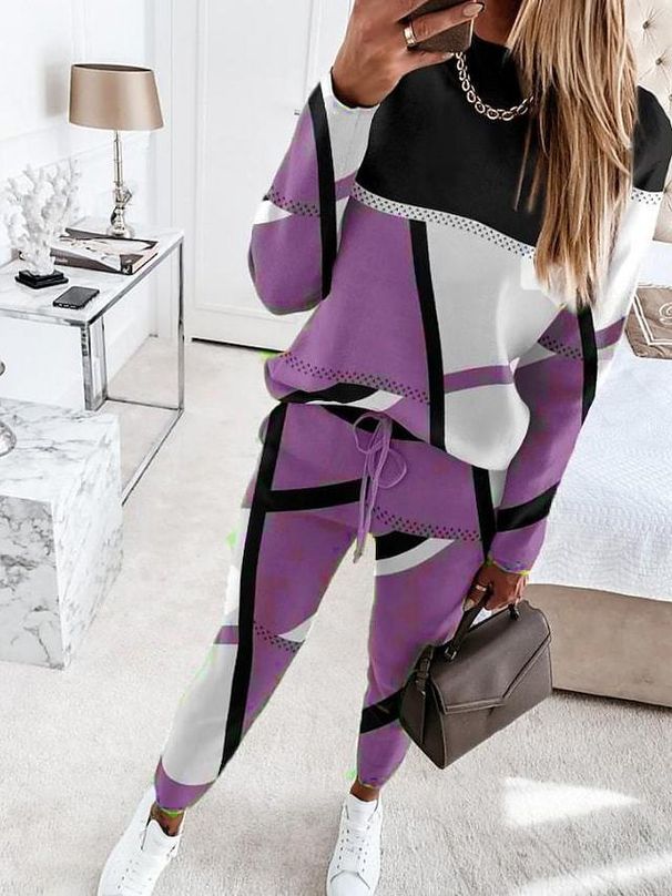 Women's Clothing 2024 new two piece set contrast color printing long sleeved round neck casual fashion suit_maomaolike.com