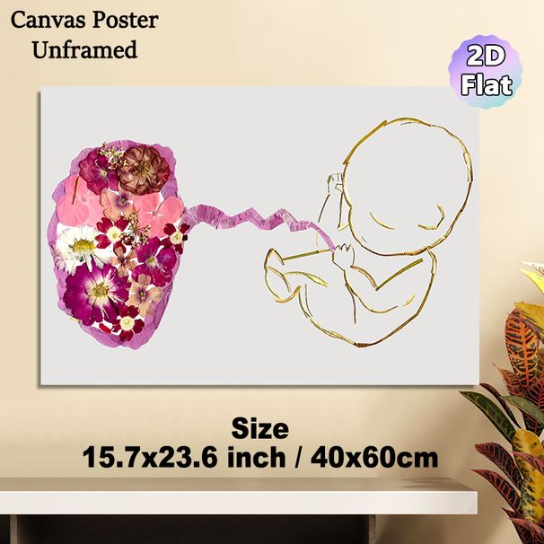 Floral Fetus & Uterus Painting Poster, Delicate Pressed-Flower Botanical Silhouette Poster, Unique Nature-Inspired Artistic Decor For Medical Offices_maomaolike.com