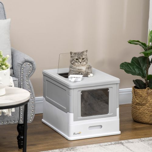 PawHut Fully Enclosed Cat Litter Box With Scoop, Hooded Cat Litter House With Drawer Type Tray, Foldable Smell Proof Cat Potty With Front Entry, Top Exit, Portable Pet Toilet With Large Space, Gray_maomaolike.com